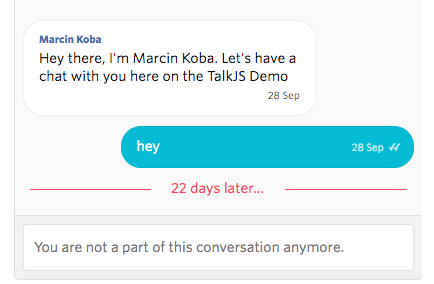 Chat interface showing historical chat messages, and at the bottom a system message with the text 'You are not part of this conversation anymore.'