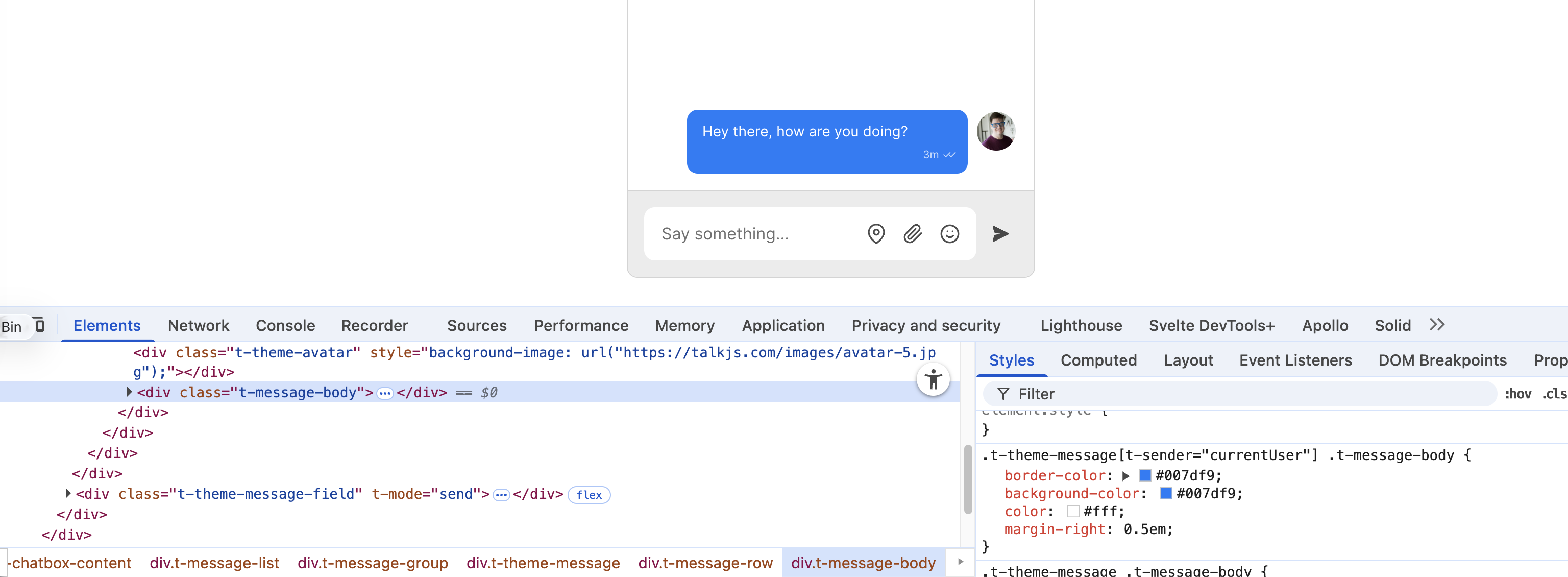 The browser developer tools showing the styles for a message