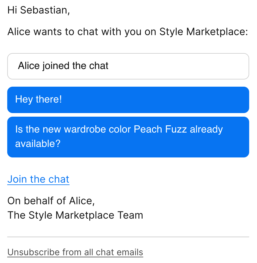 Example email notification. The notification shows messages that the user may have missed while they were offline, and a link to click and join the chat.
